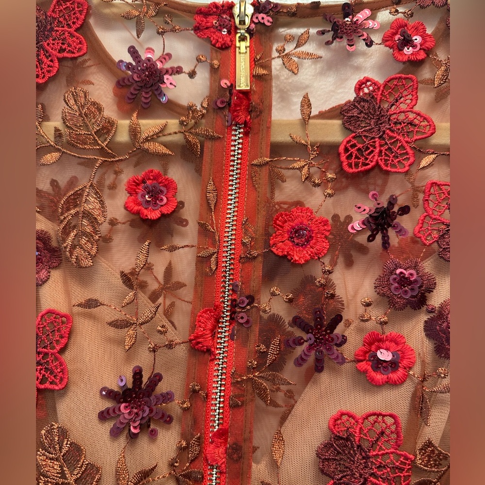 Bronx & Bronco Embroidered Floral Sheath Dress - Red on Nude size small - Picture 5 of 8